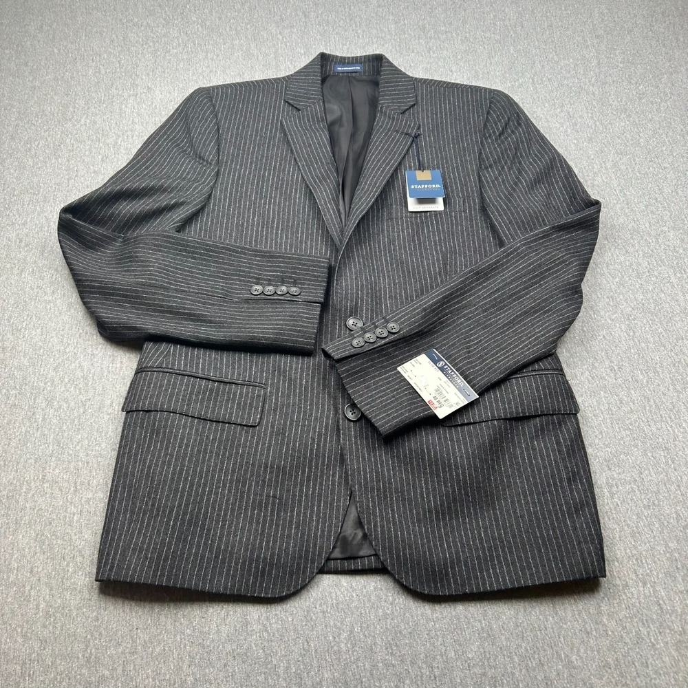Stafford Wool Slim Fit Blazer Mens 40R Chalk Stripe Gray Two Button NEW Jacket